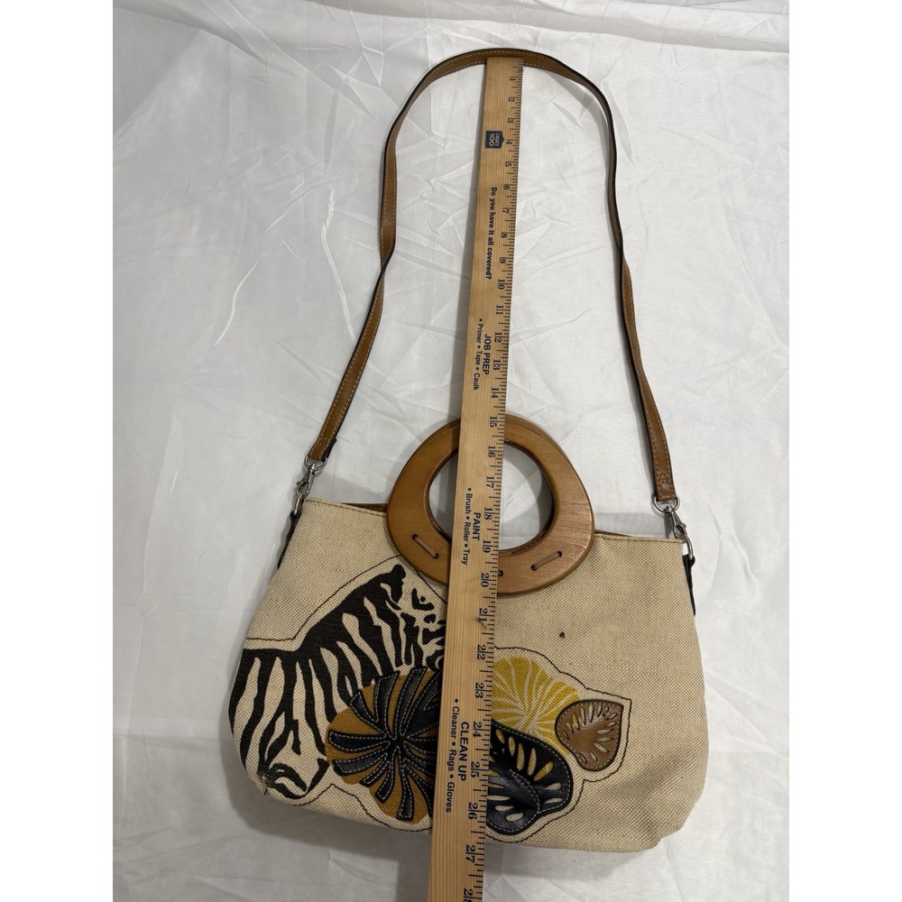 Relic Tan Weave Black Leaves Purse/ Handbag/Crossbody Wood Handles & Long Strap‎